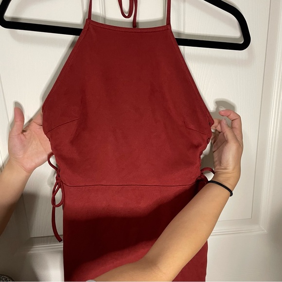 Burnt orange Forever 21 velvet dress with ties on side and top. - Picture 3 of 10